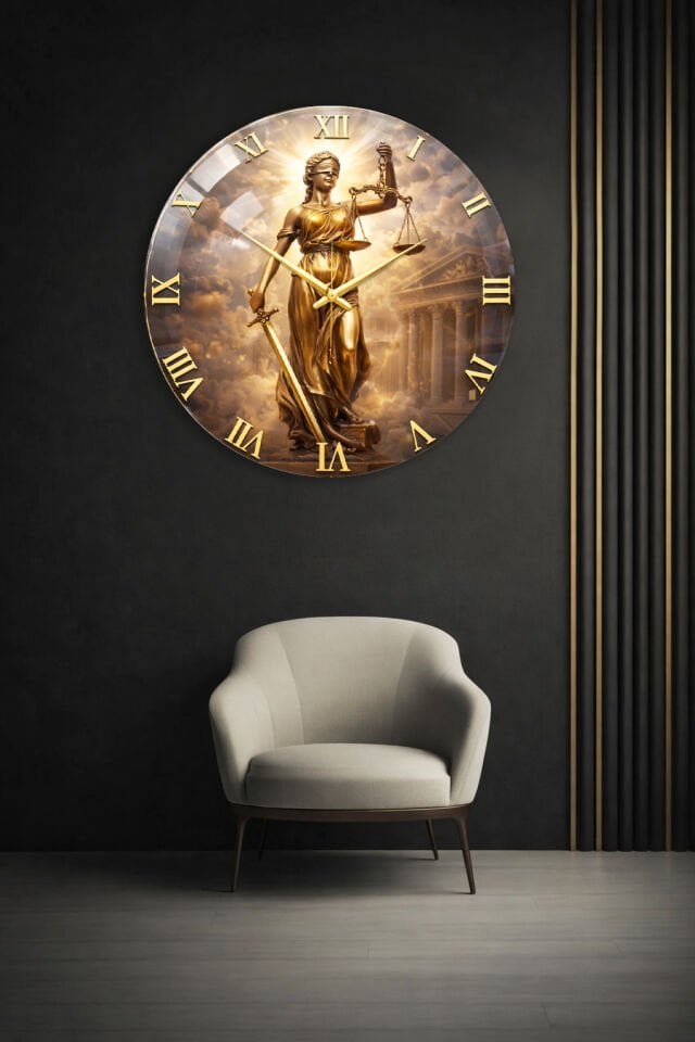 KIRILMAZ CAM DUVAR SAATİ, HEM TABLO HEM SAAT ADALET TANRIÇASI THEMİS GOLD ROMA RAKAMLI EV OFİS HEDİYESİ