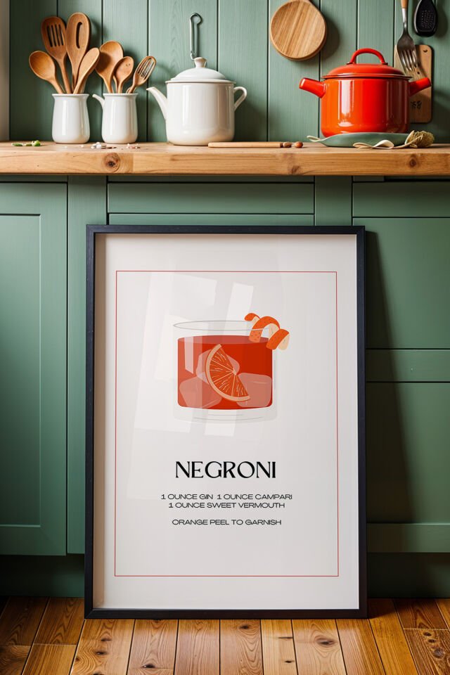 SİYAH - Negroni Tarifi Mutfak Ahşap Çerçeveli Duvar Tablosu