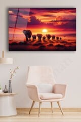 Günbatımı Manzara ve Filler Modern Soyut Cam Tablo Ev Ofis Salon Hediyelik Soyut Büyük Tablo