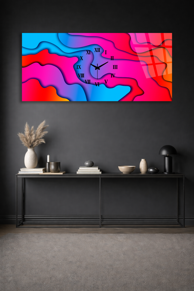 KIRILMAZ CAM DUVAR SAATİ , HEM TABLO HEM SAAT RENKLİ DALGA SOYUT TASARIM EV OFİS HEDİYESİ