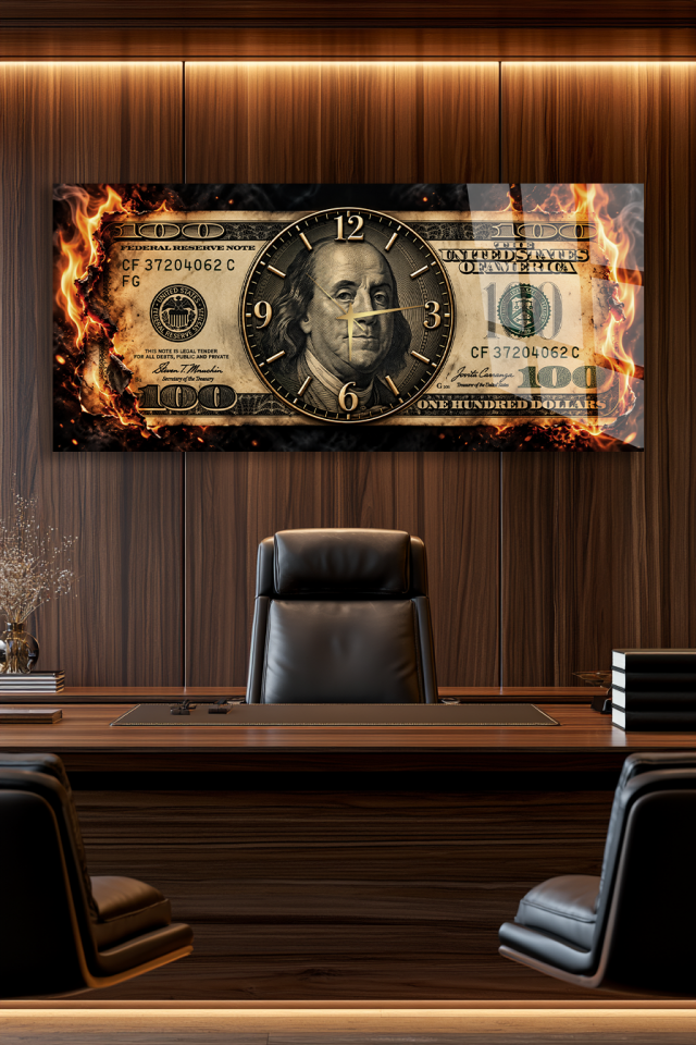 YANAN DOLAR BANKNOT CAM TABLO SAAT DUVAR SAATİ OFİS EV HEDİYESİ