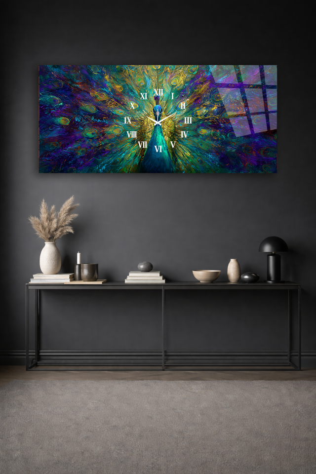 KIRILMAZ CAM DUVAR SAATİ , HEM TABLO HEM SAAT TAVUS KUŞU RENKLİ SANAT EV OFİS HEDİYESİ