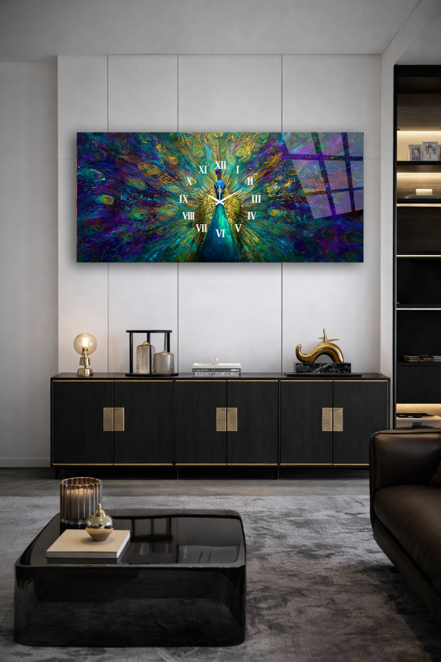 KIRILMAZ CAM DUVAR SAATİ , HEM TABLO HEM SAAT TAVUS KUŞU RENKLİ SANAT EV OFİS HEDİYESİ