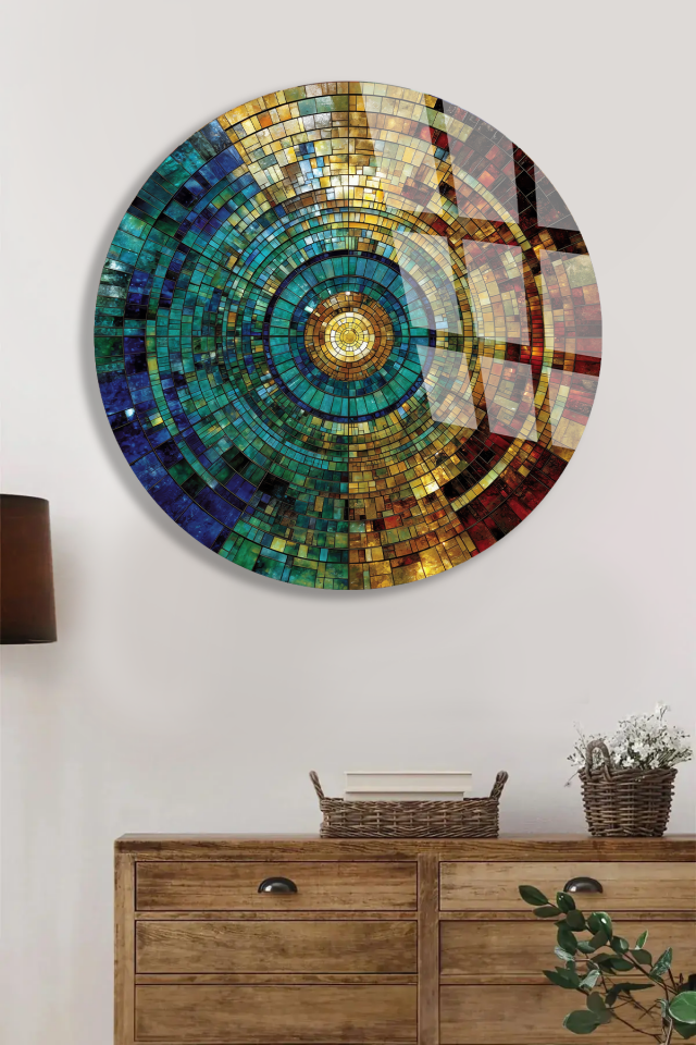 KIRILMAZ CAM TABLO – RENKLİ KOZMİK MOZAIK DAİRE SOYUT SANAT TASARIMI