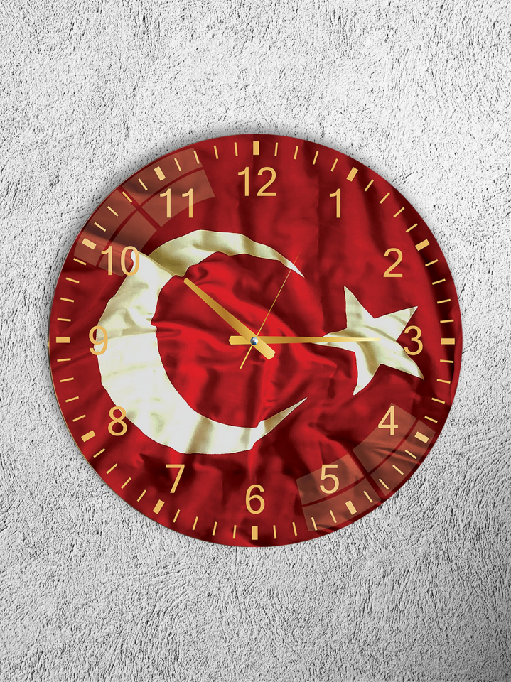 KIRILMAZ CAM DUVAR SAATİ, HEM TABLO HEM SAAT TÜRK BAYRAĞI AY YILDIZLI EV OFİS HEDİYESİ