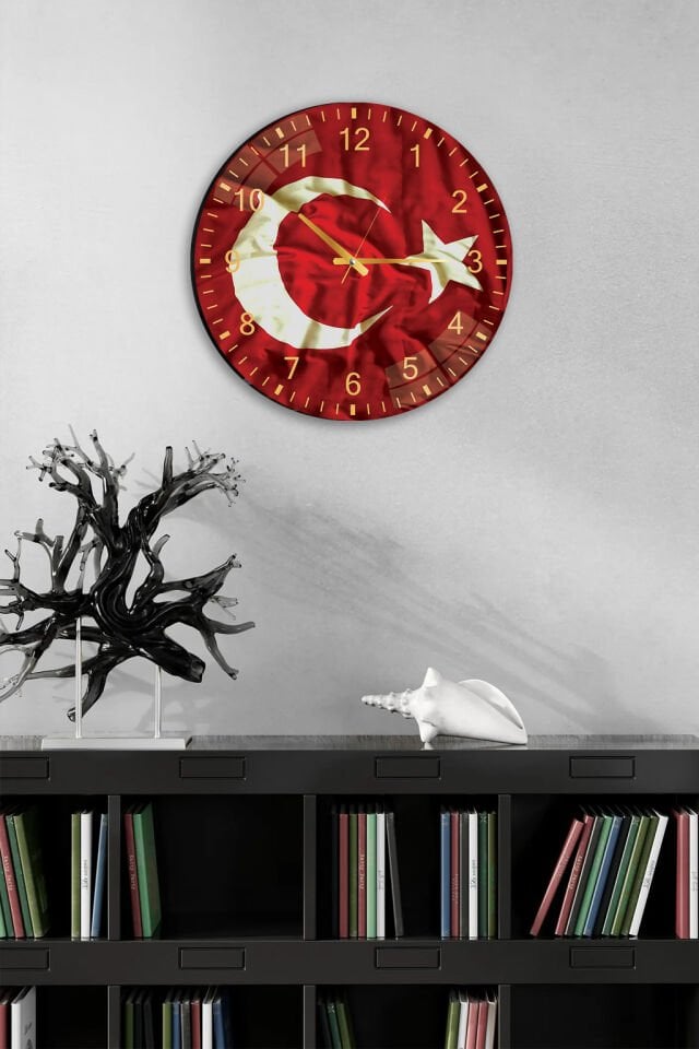 KIRILMAZ CAM DUVAR SAATİ, HEM TABLO HEM SAAT TÜRK BAYRAĞI AY YILDIZLI EV OFİS HEDİYESİ