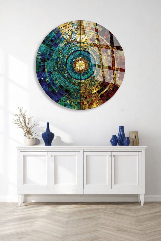 KIRILMAZ CAM TABLO – RENKLİ KOZMİK MOZAIK DAİRE SOYUT SANAT TASARIMI