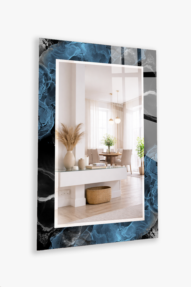HEM TABLO HEM AYNA SİYAH MAVİ MERMER LÜKS DESEN CAM DUVAR AYNASI EV DEKORU