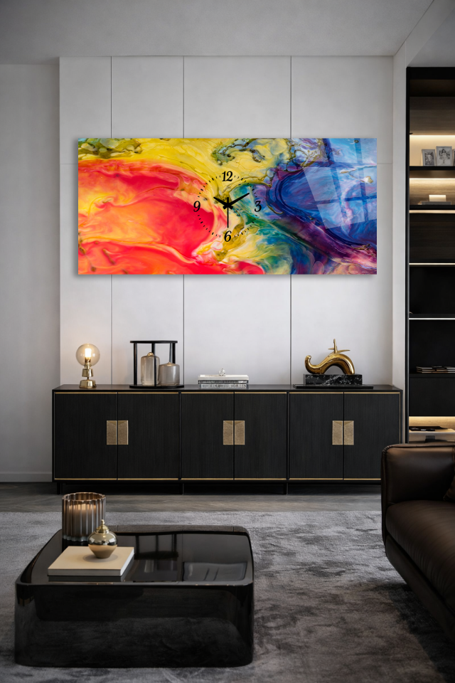 KIRILMAZ CAM DUVAR SAATİ , HEM TABLO HEM SAAT AKIŞKAN BOYA SANAT TASARIMI EV OFİS HEDİYESİ