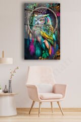 Renkli Baykuş Cam Tablo, Modern Ev Ofis Salon Duvar Dekoru Hediyelik Büyük Tablo Dekor