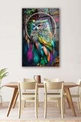 Renkli Baykuş Cam Tablo, Modern Ev Ofis Salon Duvar Dekoru Hediyelik Büyük Tablo Dekor