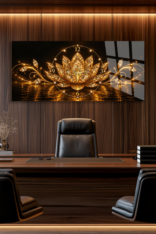 ALTIN KRİSTAL LOTUS ÇİÇEĞİ CAM TABLO SAAT DUVAR SAATİ EV HEDİYESİ