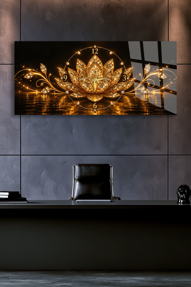 ALTIN KRİSTAL LOTUS ÇİÇEĞİ CAM TABLO SAAT DUVAR SAATİ EV HEDİYESİ