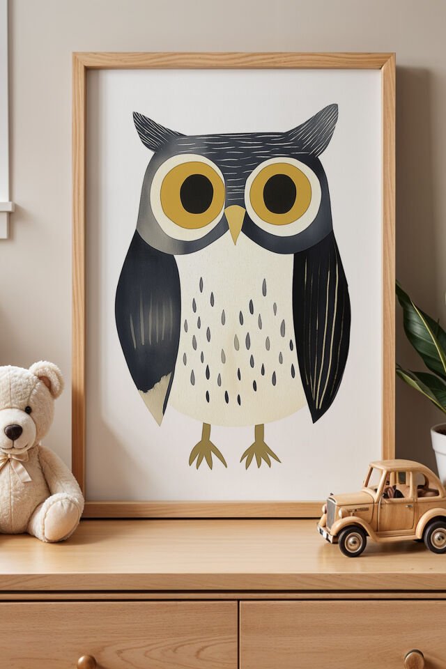 DOĞAL AHŞAP - Sevimli Baykuş Çocuk Odası Ahşap Çerçeveli Duvar Tablosu