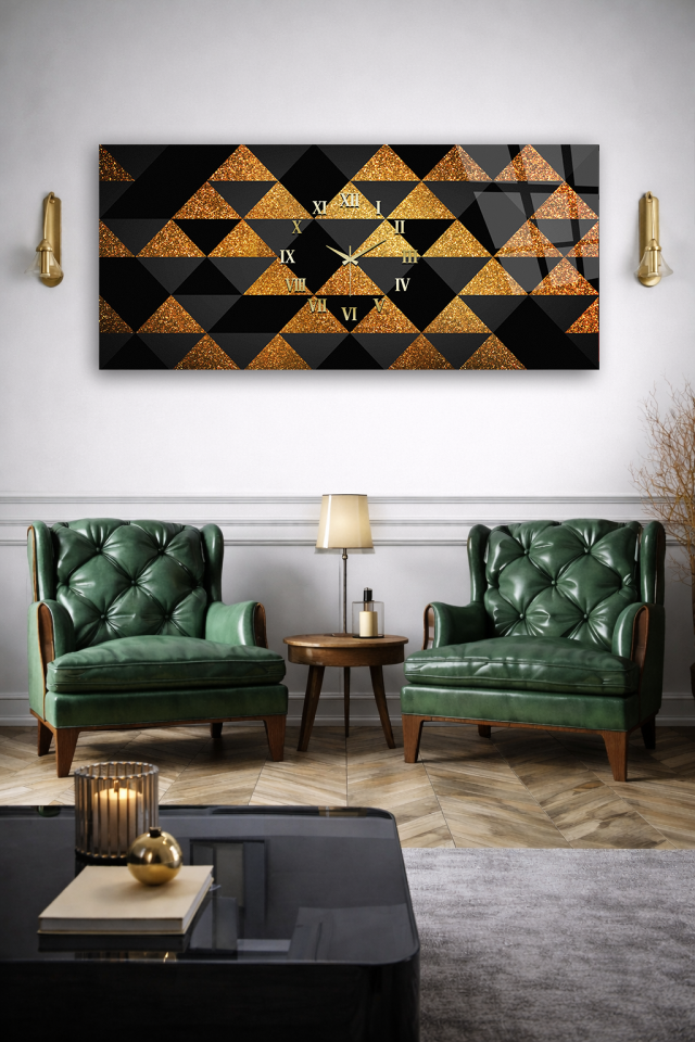 KIRILMAZ CAM DUVAR SAATİ , HEM TABLO HEM SAAT SİYAH ALTIN ÜÇGEN GEOMETRİK DESEN EV OFİS HEDİYESİ