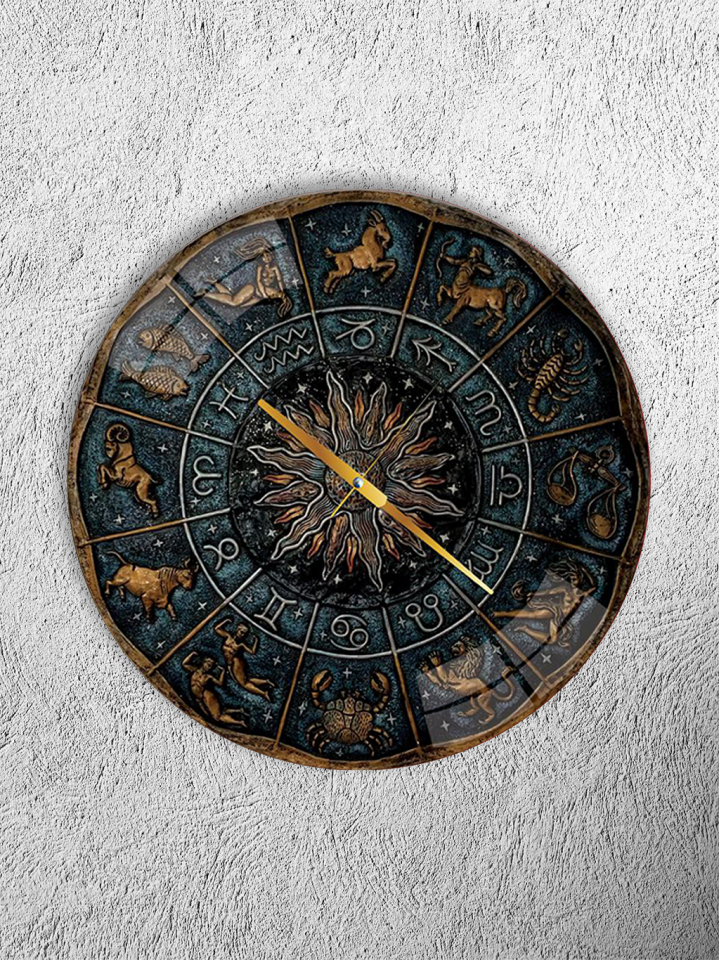 KIRILMAZ CAM DUVAR SAATİ, HEM TABLO HEM SAAT BURÇLAR ZODYAK ASTROLOJİ TASARIMI EV OFİS HEDİYESİ