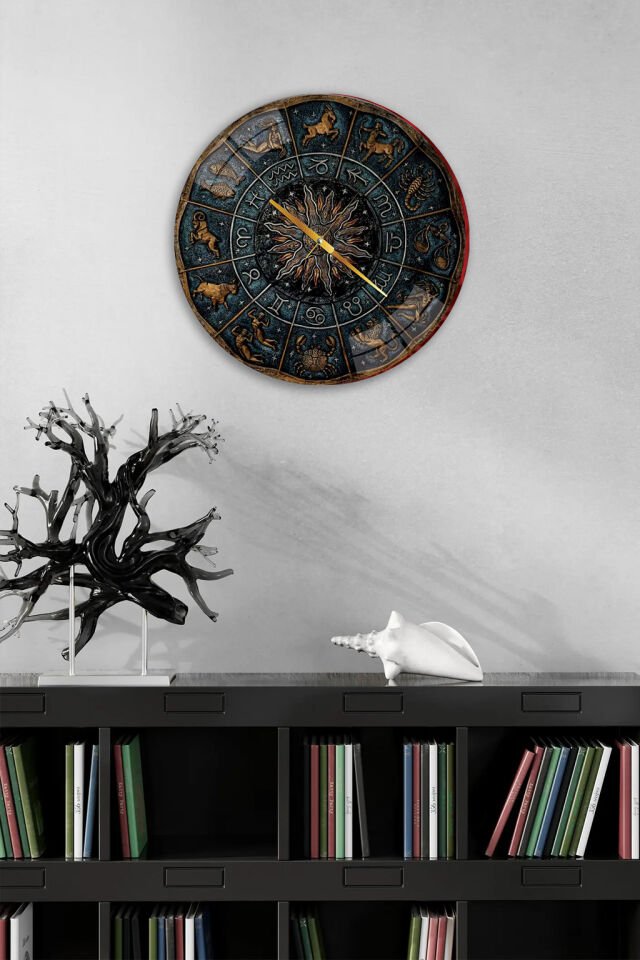 KIRILMAZ CAM DUVAR SAATİ, HEM TABLO HEM SAAT BURÇLAR ZODYAK ASTROLOJİ TASARIMI EV OFİS HEDİYESİ