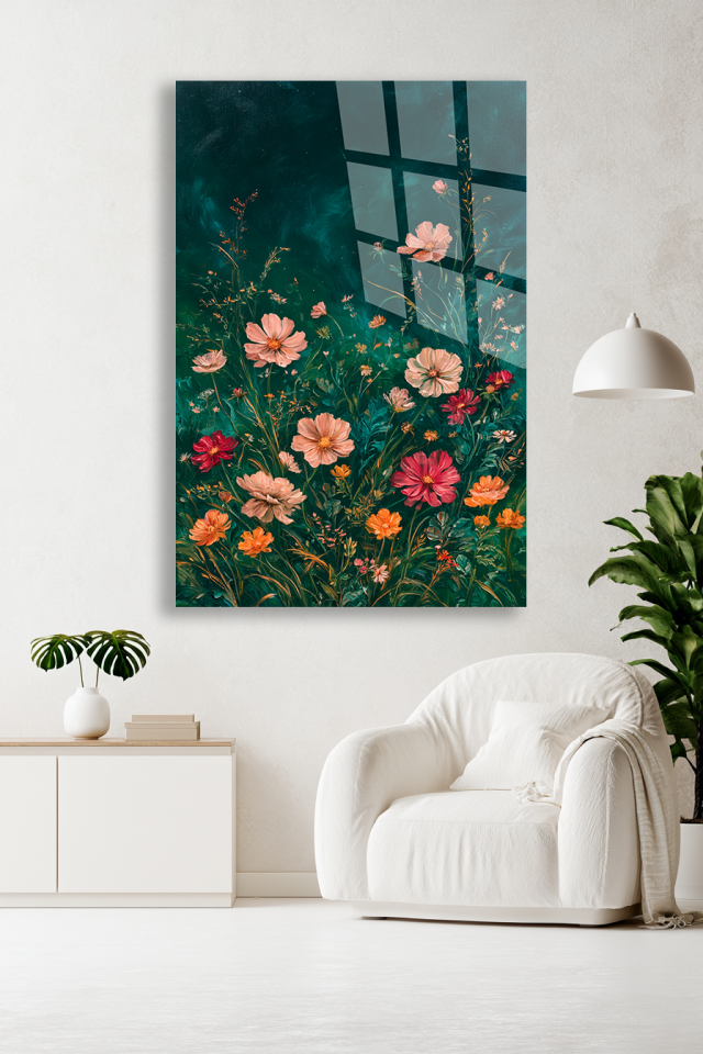 KIR ÇİÇEKLERİ CAM TABLO YEŞİL TONLU BOTANİK DUVAR DEKORU