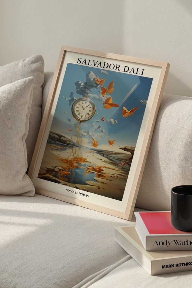 DOĞAL AHŞAP - Salvador Dali Eriyen Saatler ve Kuşlar Ahşap Çerçeveli Duvar Tablosu