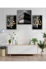 Kabe Allah Muhammed Üçlü Set Cam Tablo, Dini İslami Ev Ofis Salon Duvar Dekoru Hediyelik Büyük