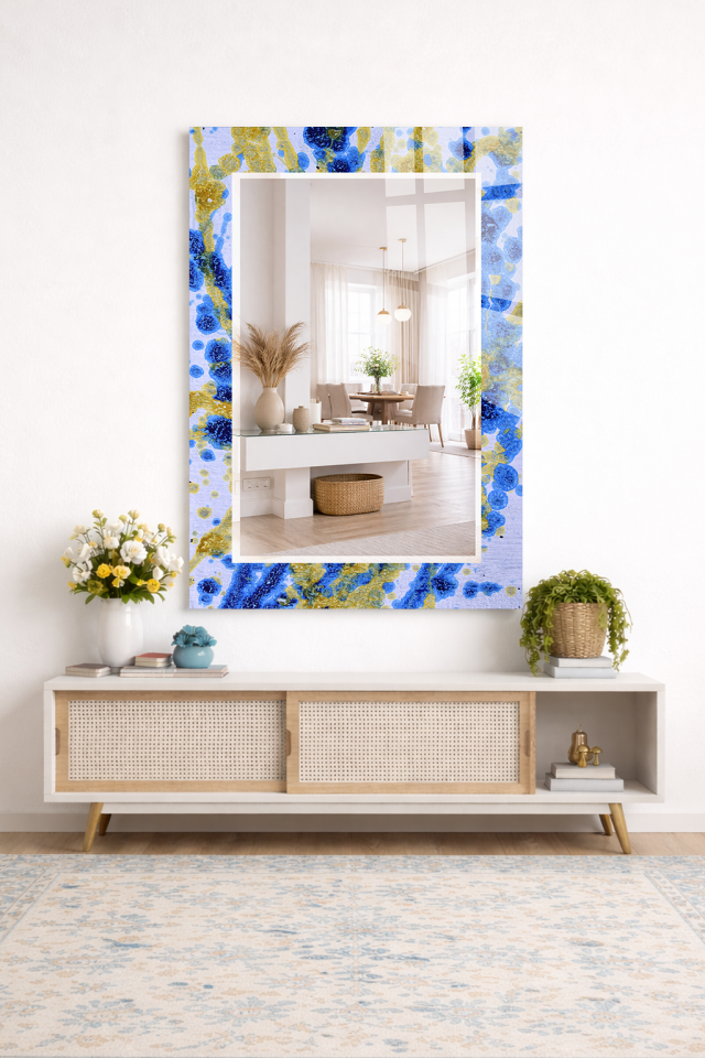 HEM TABLO HEM AYNA MAVİ SARI AKRİLİK SOYUT SANAT CAM DUVAR AYNASI EV DEKORU