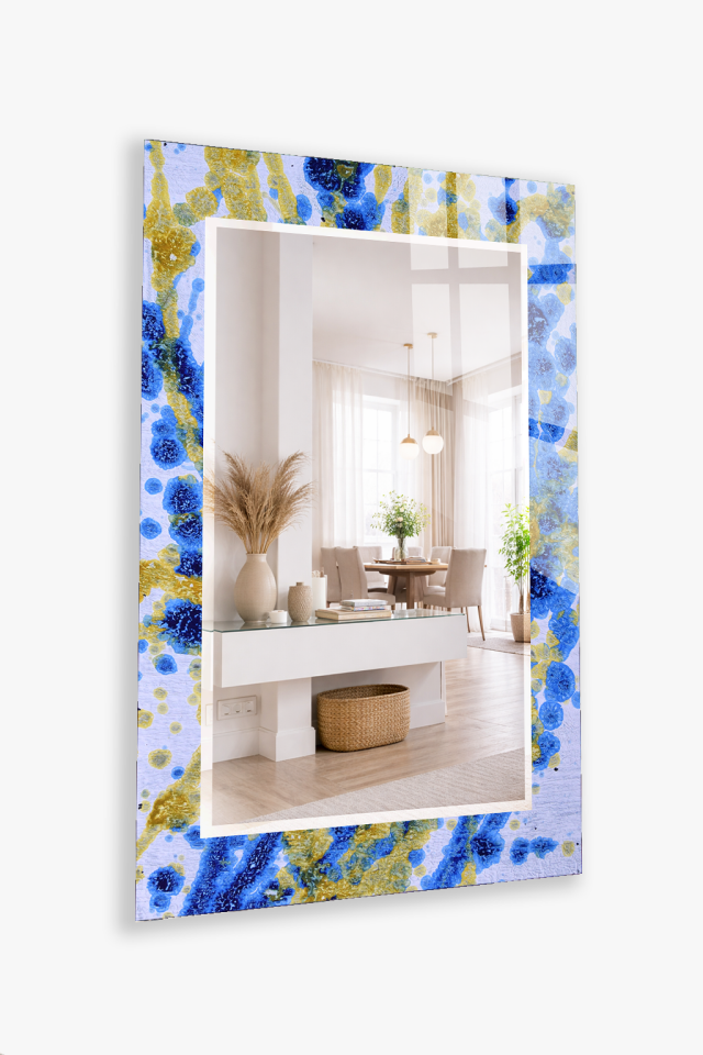 HEM TABLO HEM AYNA MAVİ SARI AKRİLİK SOYUT SANAT CAM DUVAR AYNASI EV DEKORU