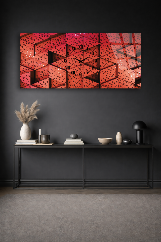 KIRILMAZ CAM DUVAR SAATİ , HEM TABLO HEM SAAT KIRMIZI GEOMETRİK SOYUT DESEN EV OFİS HEDİYESİ