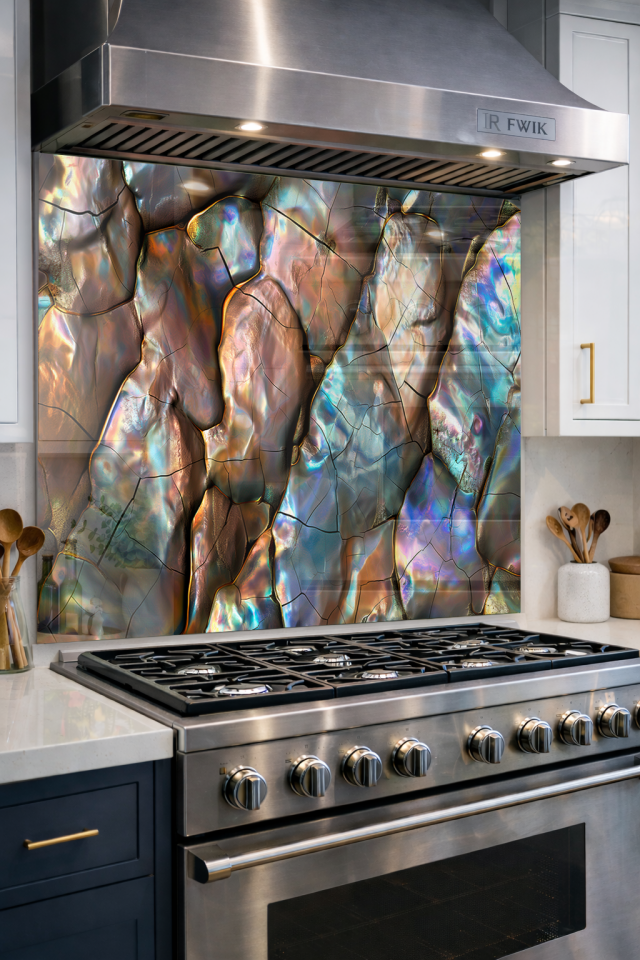 Premium Mutfak Cam Ocak Arkası Koruyucu Tezgah Ankastre Arkası Koruyucu | Parlak Taşlar