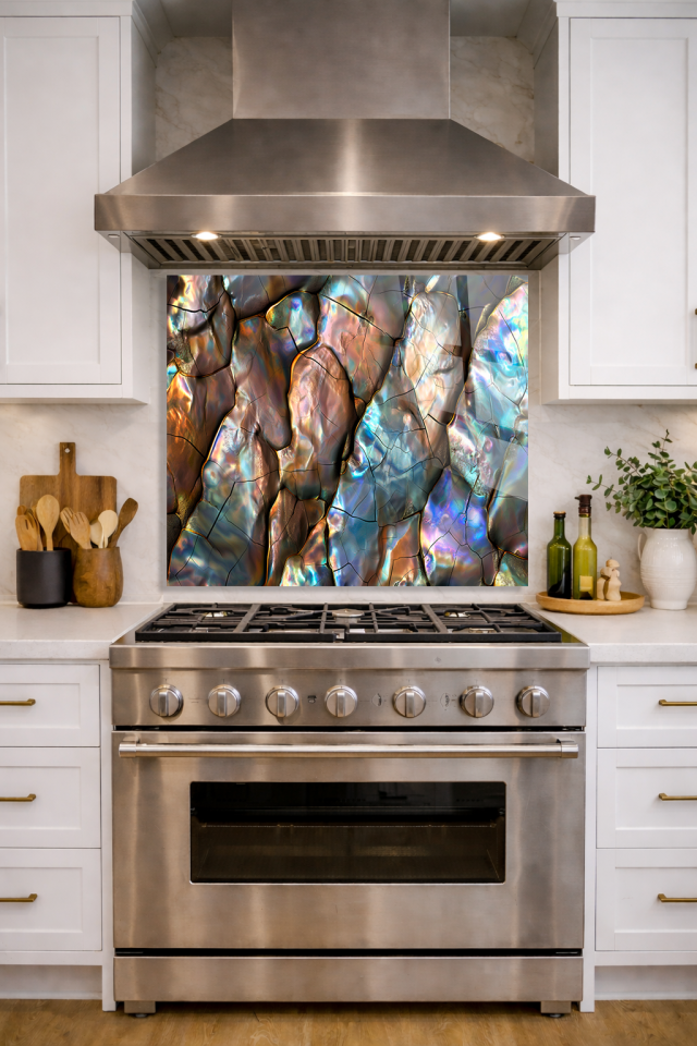 Premium Mutfak Cam Ocak Arkası Koruyucu Tezgah Ankastre Arkası Koruyucu | Parlak Taşlar