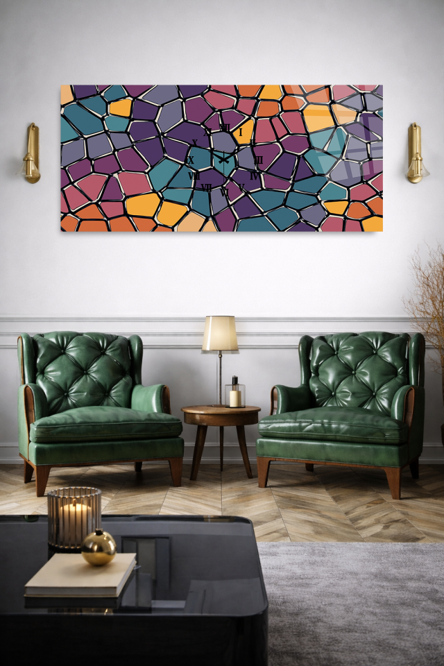 KIRILMAZ CAM DUVAR SAATİ , HEM TABLO HEM SAAT MOZAIK DESEN MODERN TASARIM EV OFİS HEDİYESİ