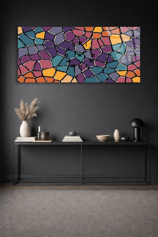 KIRILMAZ CAM DUVAR SAATİ , HEM TABLO HEM SAAT MOZAIK DESEN MODERN TASARIM EV OFİS HEDİYESİ