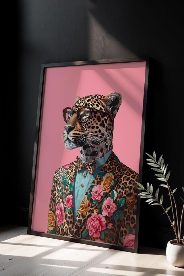 SİYAH - Leopar Gözlüklü Pembe Maksimalist Sanatı Ahşap Çerçeveli Duvar Tablosu