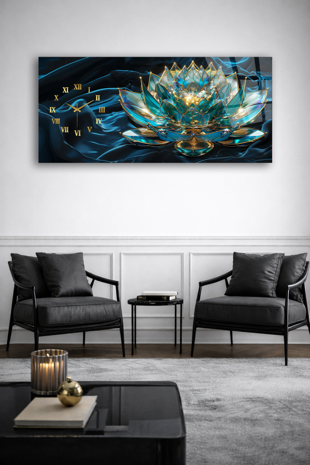 KIRILMAZ CAM DUVAR SAATİ , HEM TABLO HEM SAAT MAVİ ALTIN LOTUS ÇİÇEĞİ LÜKS TASARIM EV OFİS HEDİYESİ