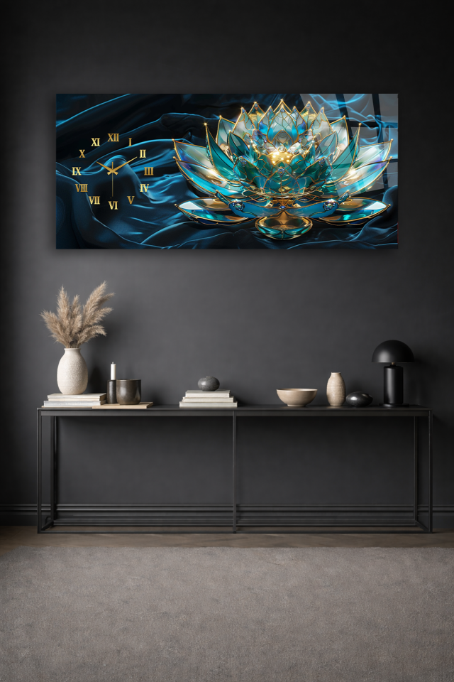 KIRILMAZ CAM DUVAR SAATİ , HEM TABLO HEM SAAT MAVİ ALTIN LOTUS ÇİÇEĞİ LÜKS TASARIM EV OFİS HEDİYESİ
