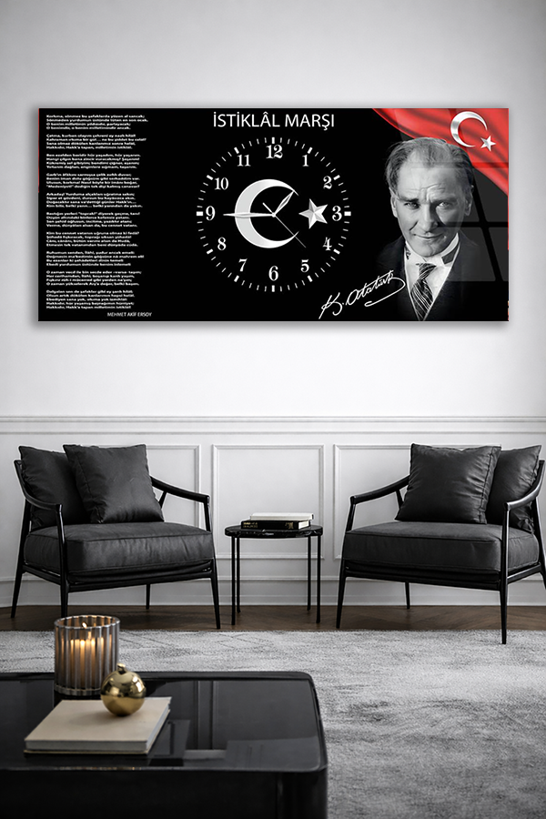 KIRILMAZ CAM DUVAR SAATİ , HEM TABLO HEM SAAT İSTİKLAL MARŞI VE ATATÜRK CAM SAAT EV OFİS HEDİYESİ