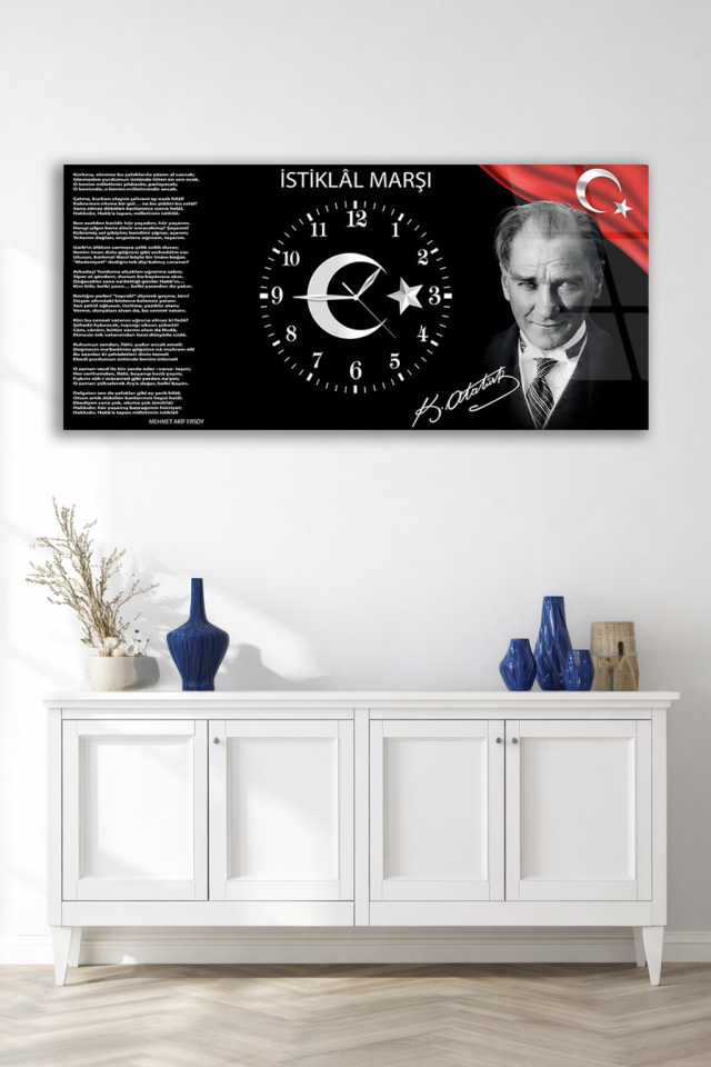 KIRILMAZ CAM DUVAR SAATİ , HEM TABLO HEM SAAT İSTİKLAL MARŞI VE ATATÜRK CAM SAAT EV OFİS HEDİYESİ
