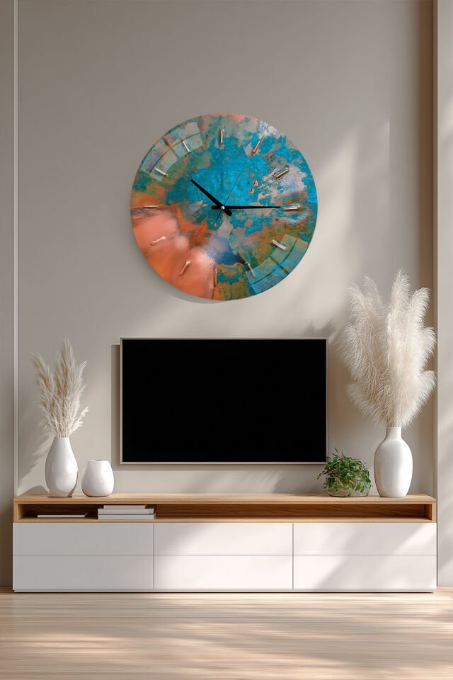 KIRILMAZ CAM DUVAR SAATİ, HEM TABLO HEM SAAT SOYUT RENKLİ MODERN TASARIM EV OFİS HEDİYESİ