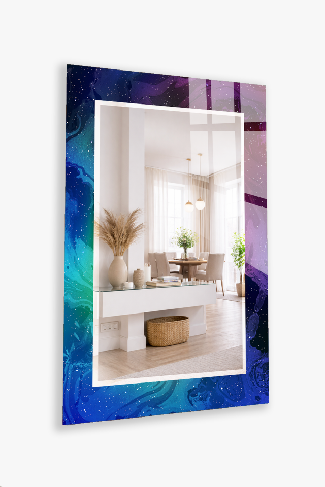 HEM TABLO HEM AYNA GALAKSİ UZAY TEMALI SOYUT DESEN CAM DUVAR AYNASI EV DEKORU