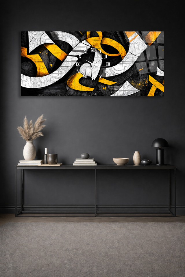 KIRILMAZ CAM DUVAR SAATİ , HEM TABLO HEM SAAT SİYAH SARI SOYUT SANAT EV OFİS HEDİYESİ