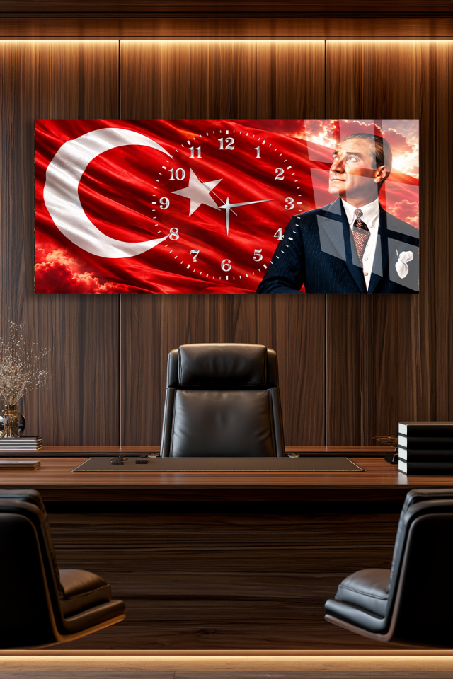 ATATÜRK VE TÜRK BAYRAĞI CAM TABLO SAAT DUVAR SAATİ EV OFİS HEDİYESİ