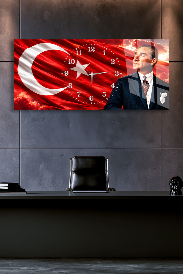 ATATÜRK VE TÜRK BAYRAĞI CAM TABLO SAAT DUVAR SAATİ EV OFİS HEDİYESİ