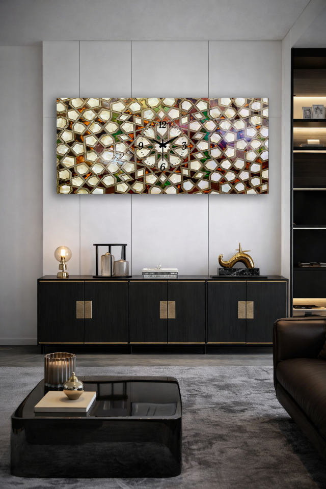 KIRILMAZ CAM DUVAR SAATİ , HEM TABLO HEM SAAT OSMANLI SELÇUKLU MOZAİK DESEN EV OFİS HEDİYESİ