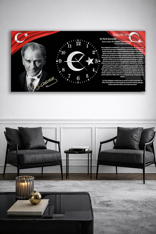 KIRILMAZ CAM DUVAR SAATİ , HEM TABLO HEM SAAT ATATÜRK GENÇLİĞE HİTABE TASARIMI EV OFİS HEDİYESİ
