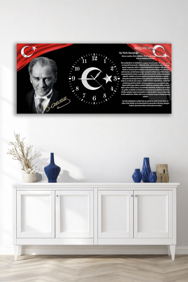 KIRILMAZ CAM DUVAR SAATİ , HEM TABLO HEM SAAT ATATÜRK GENÇLİĞE HİTABE TASARIMI EV OFİS HEDİYESİ