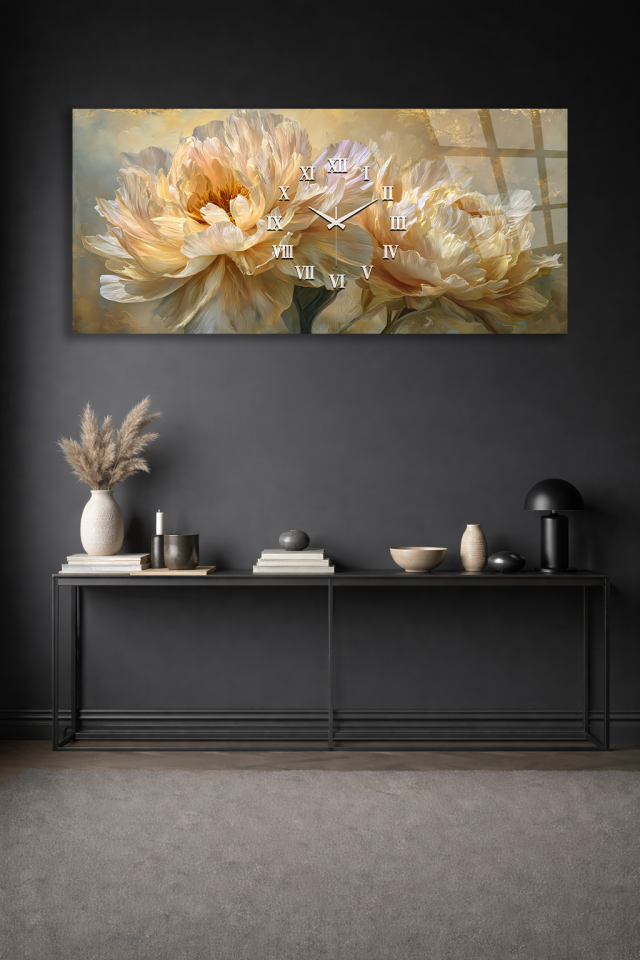 KIRILMAZ CAM DUVAR SAATİ , HEM TABLO HEM SAAT KREM ÇİÇEK DESENLİ EV OFİS HEDİYESİ