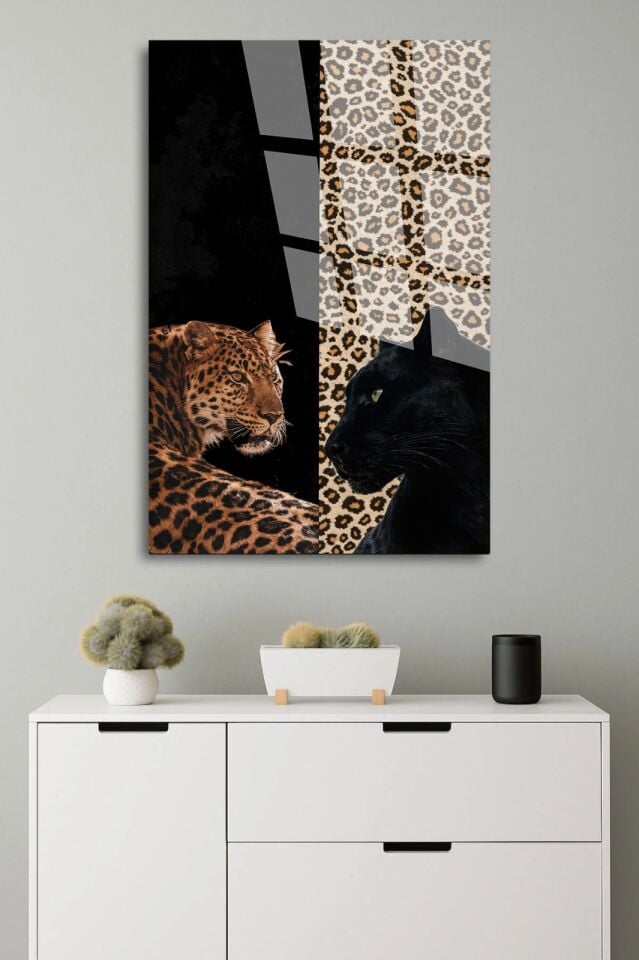 KIRILMAZ CAM TABLO – LEOPAR VE SİYAH PANTER MODERN HAYVAN TEMALI SANAT TASARIMI EV OFİS HEDİYESİ