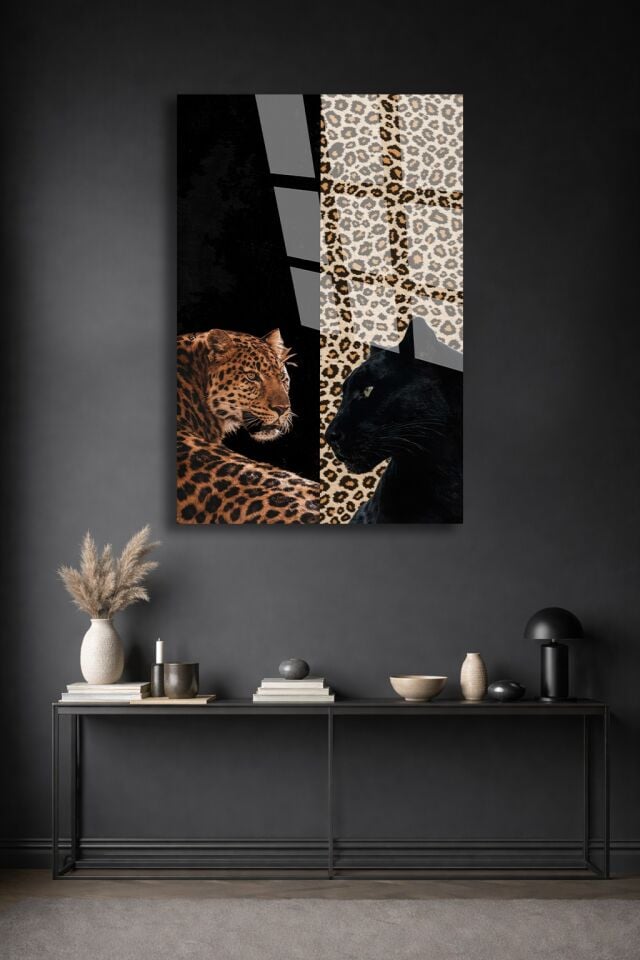KIRILMAZ CAM TABLO – LEOPAR VE SİYAH PANTER MODERN HAYVAN TEMALI SANAT TASARIMI EV OFİS HEDİYESİ