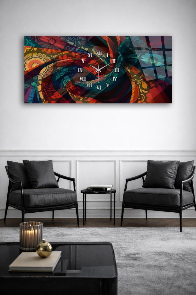 KIRILMAZ CAM DUVAR SAATİ , HEM TABLO HEM SAAT RENKLİ SOYUT ÇİÇEK DESEN SANATSAL EV OFİS HEDİYESİ