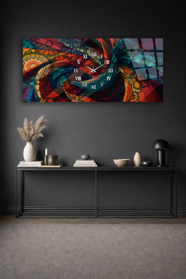 KIRILMAZ CAM DUVAR SAATİ , HEM TABLO HEM SAAT RENKLİ SOYUT ÇİÇEK DESEN SANATSAL EV OFİS HEDİYESİ