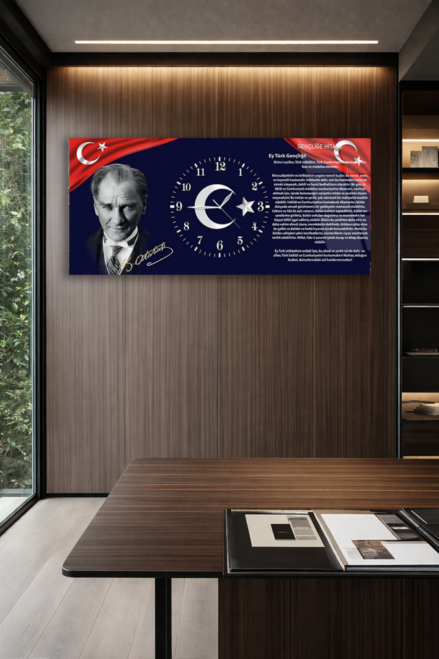 KIRILMAZ CAM DUVAR SAATİ , HEM TABLO HEM SAAT ATATÜRK VE TÜRK BAYRAĞI TASARIM EV OFİS HEDİYESİ
